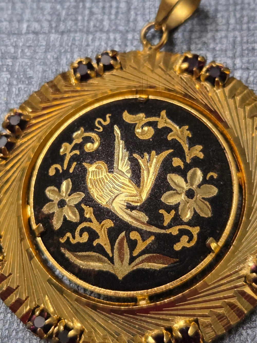 Vintage Toledo Damascene Bird Floral Pendant Black Gold Red Rhinestone